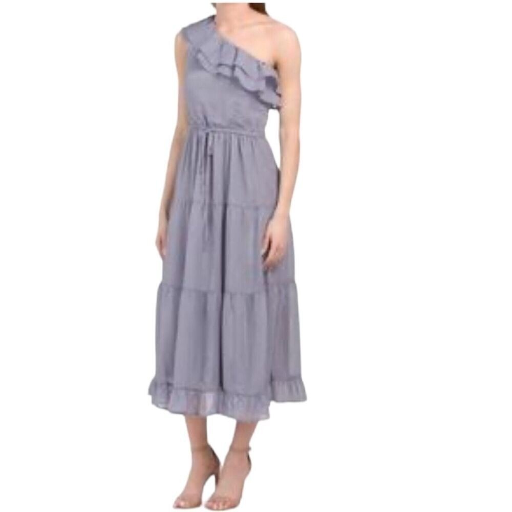 Heartloom Noemi One Shoulder Maxi Dress M Dusty Purple Metallic Ruffle Tiered